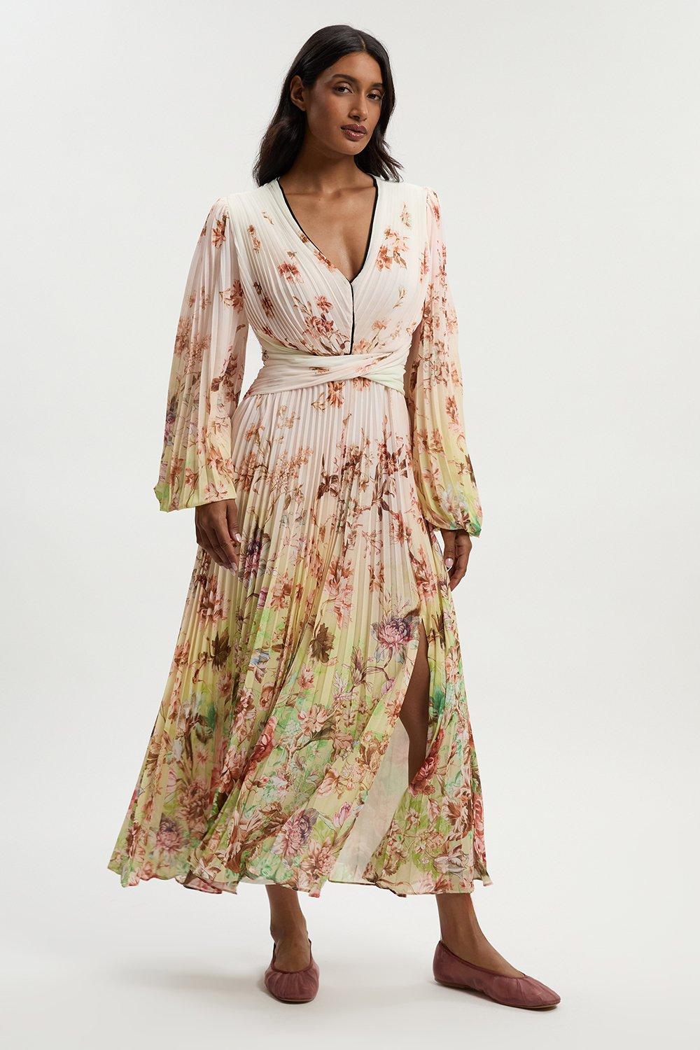 Scattered Floral Balloon Sleeve Pleated Crinkle Cut Out Woven Maxi Dress - Ivory