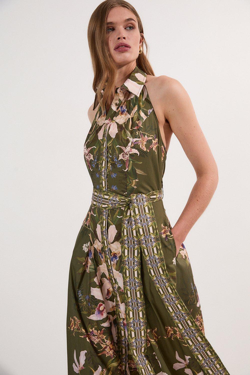 Petite Cotton Sateen Floral Woven Halter Neck Waist Maxi Dress - Khaki/Green