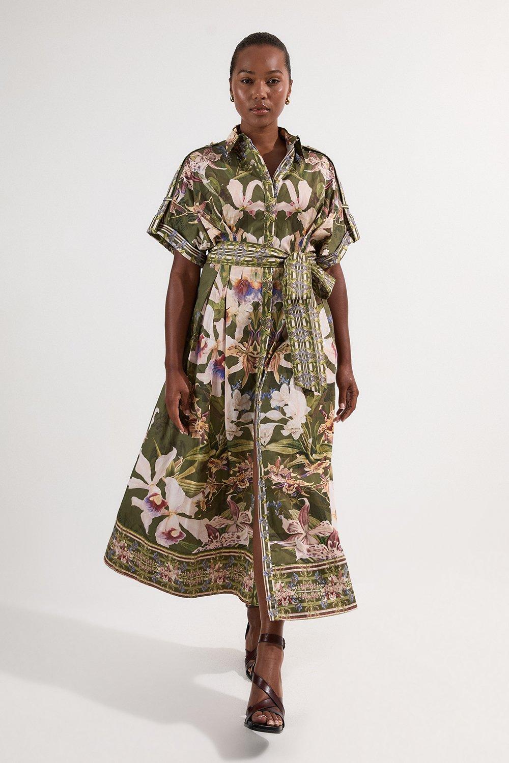 Plus Size Cotton Sateen Floral Woven Belted Maxi Shirt Dress - Khaki/Green