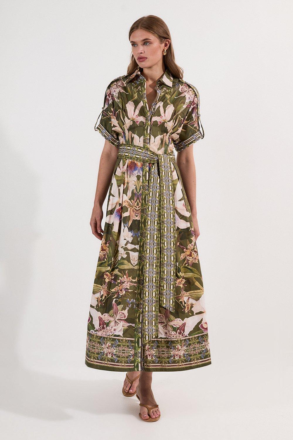 Cotton Sateen Floral Woven Belted Maxi Shirt Dress - Khaki/Green