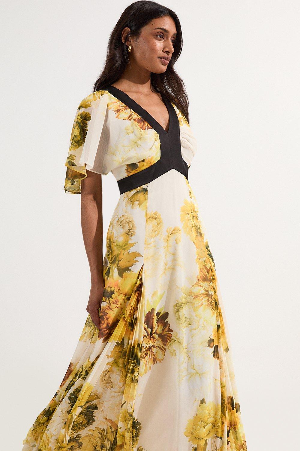 Pleated Floral Godet Pannell Woven Midi Dress - Yellow