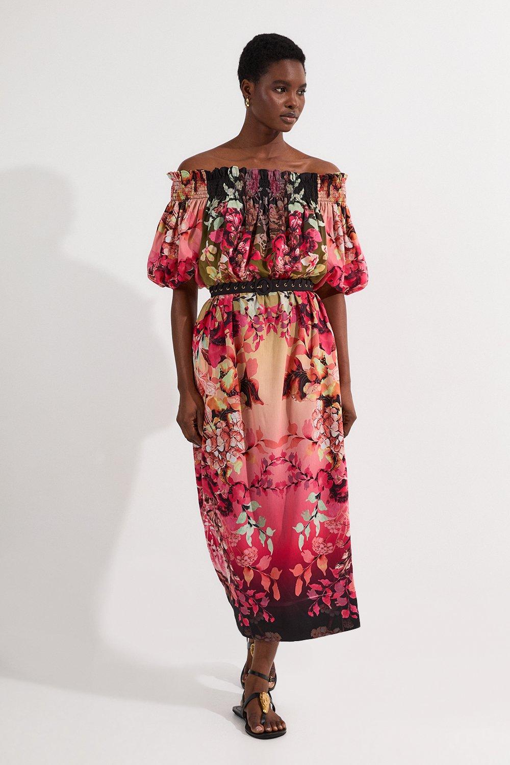 Voile Mirrored Woven Bardot Midi Dress - Floral