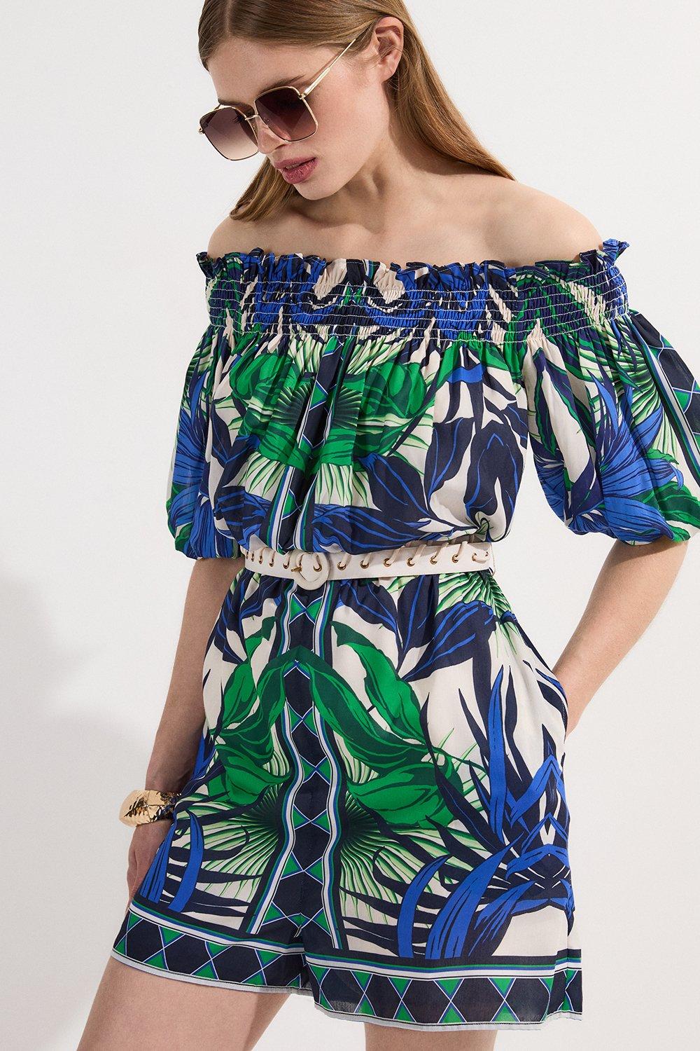 Voile Mirrored Floral Woven Bardot Playsuit – Blue