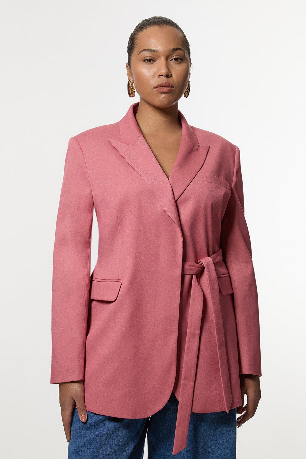 Plus Size Soft Tie Back Detail Tailored Single Breasted Blazer - Pink