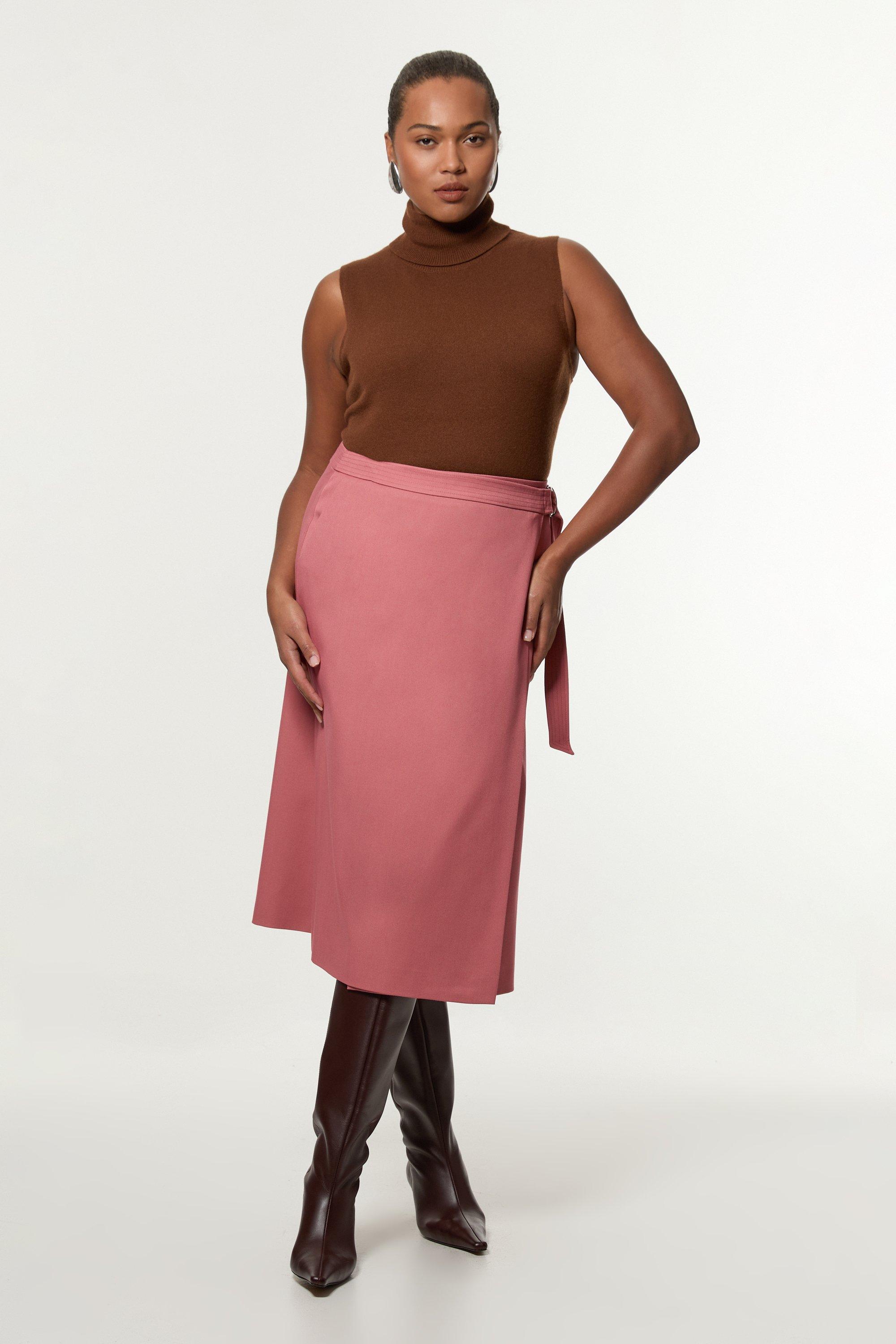 Plus Size Soft Tailored Wrap A Line Midi Skirt - Pink