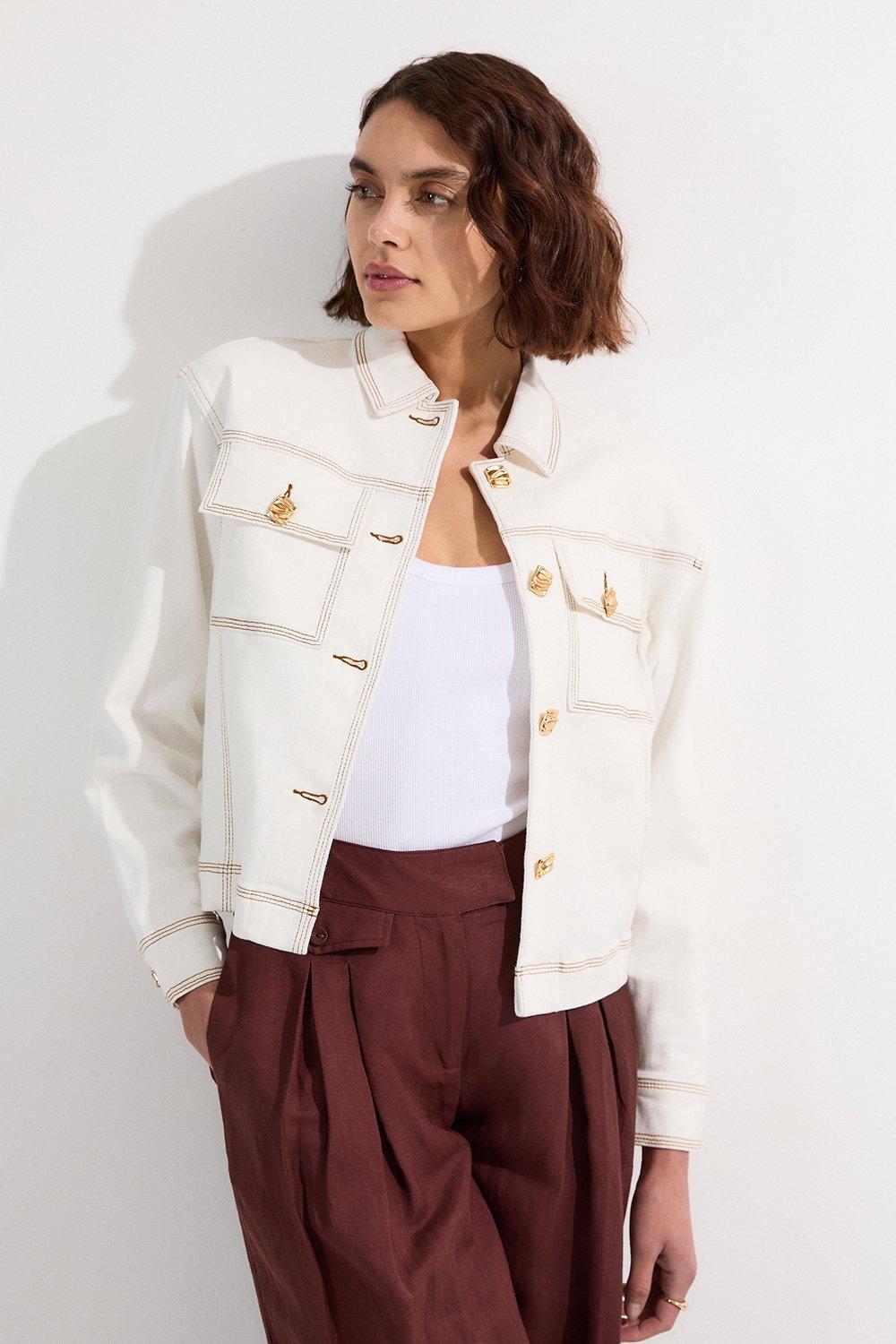 Denim Button Front Tailored Jacket - Ivory