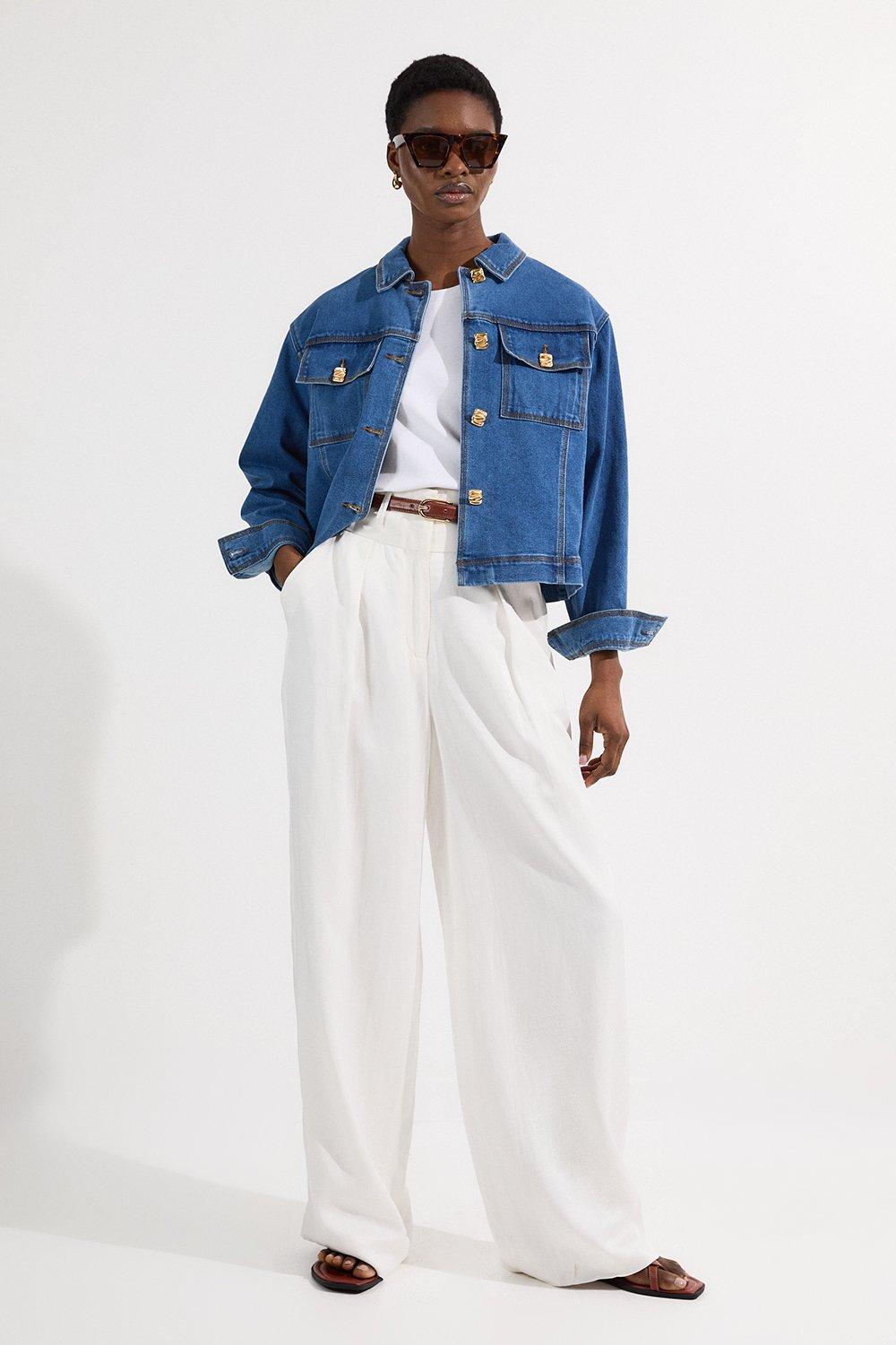 Denim Button Front Tailored Jacket - Mid Blue