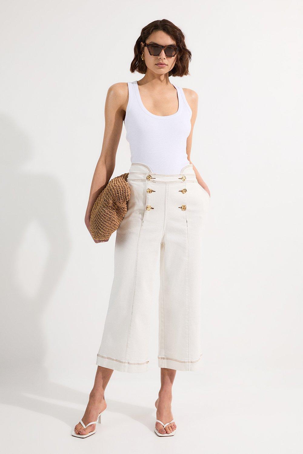 Denim Button Front Culottes Trousers - Ivory