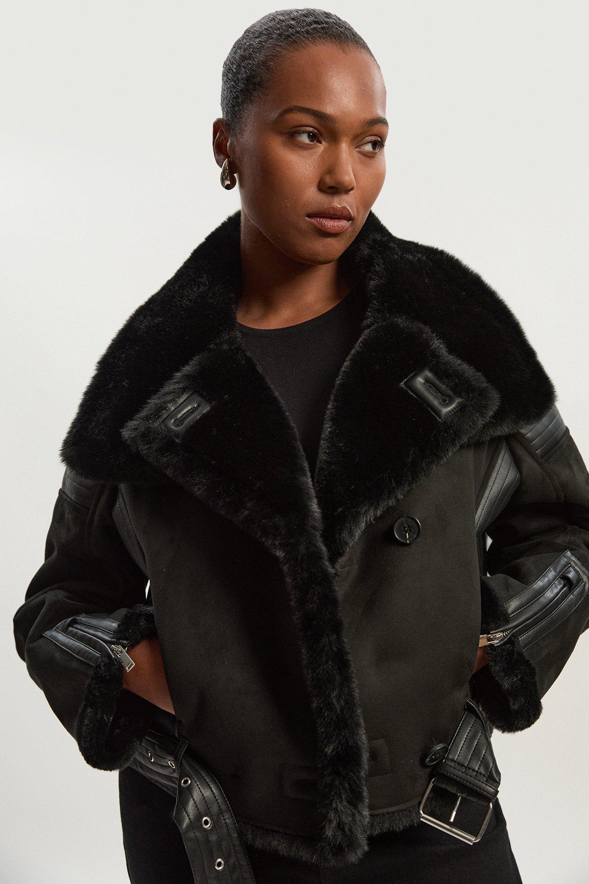 Plus Size Faux Shearling Crop Biker Coat - Black