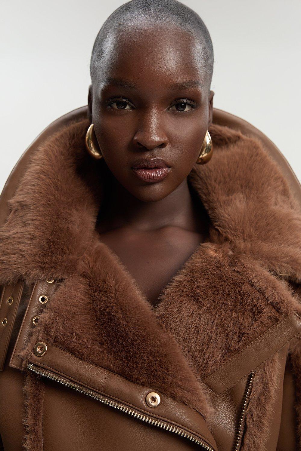 Faux Fur High Neck Belted Biker Coat - Toffee