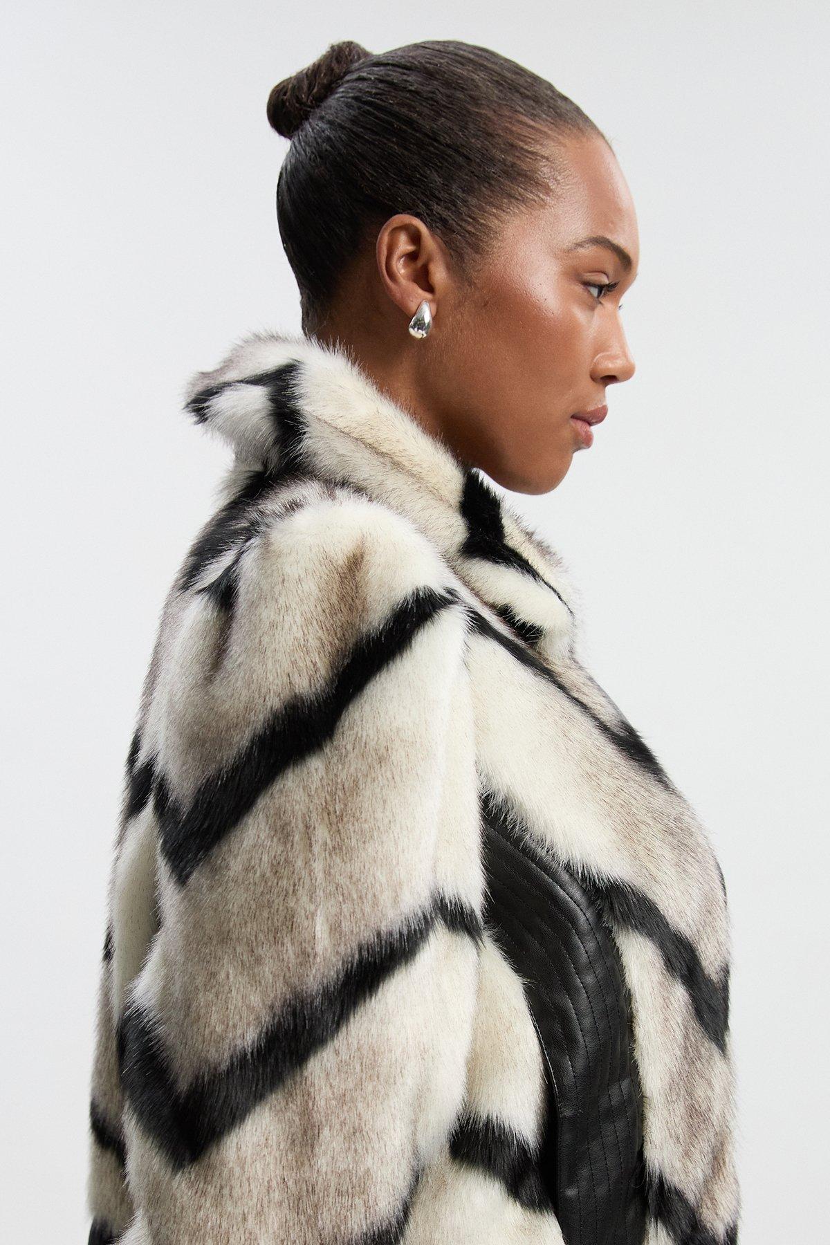 Plus Size Faux Fur Pu Panelled Stripe Belted Cropped Jacket - Mono