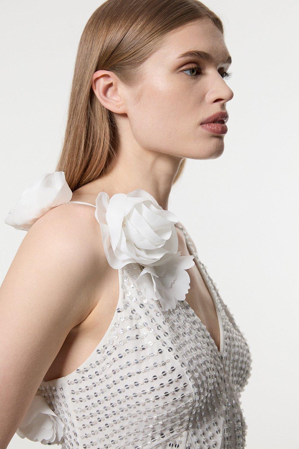 Crystal Applique Strappy Rosette Woven Maxi Dress - Ivory