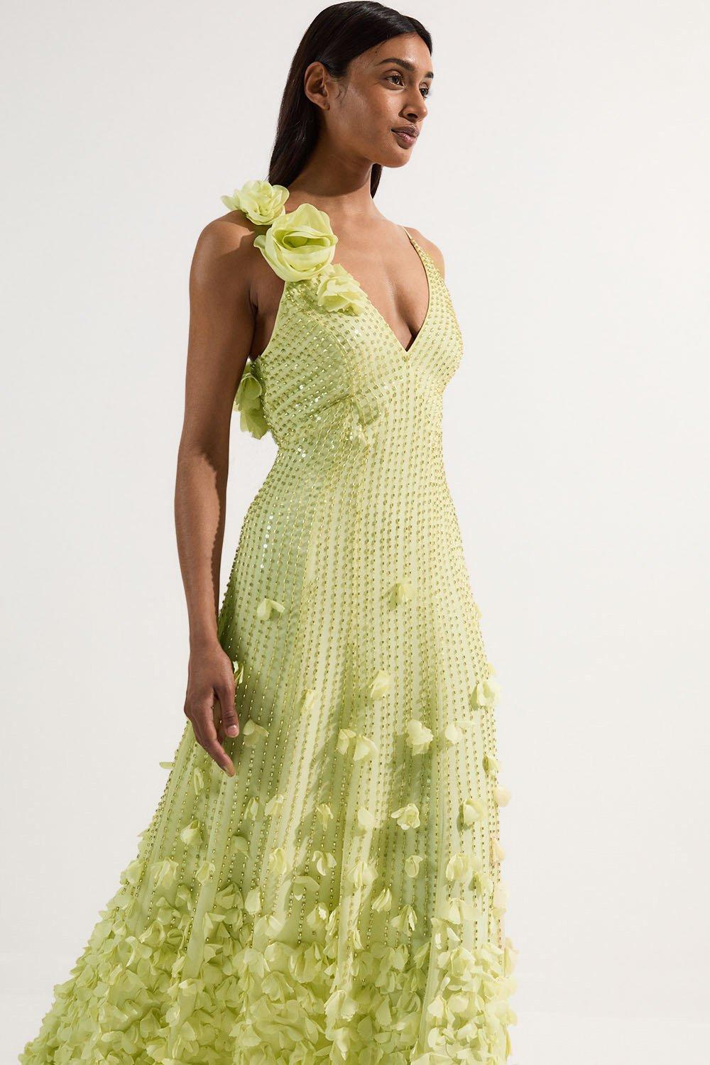 Crystal Applique Strappy Rosette Woven Maxi Dress - Green
