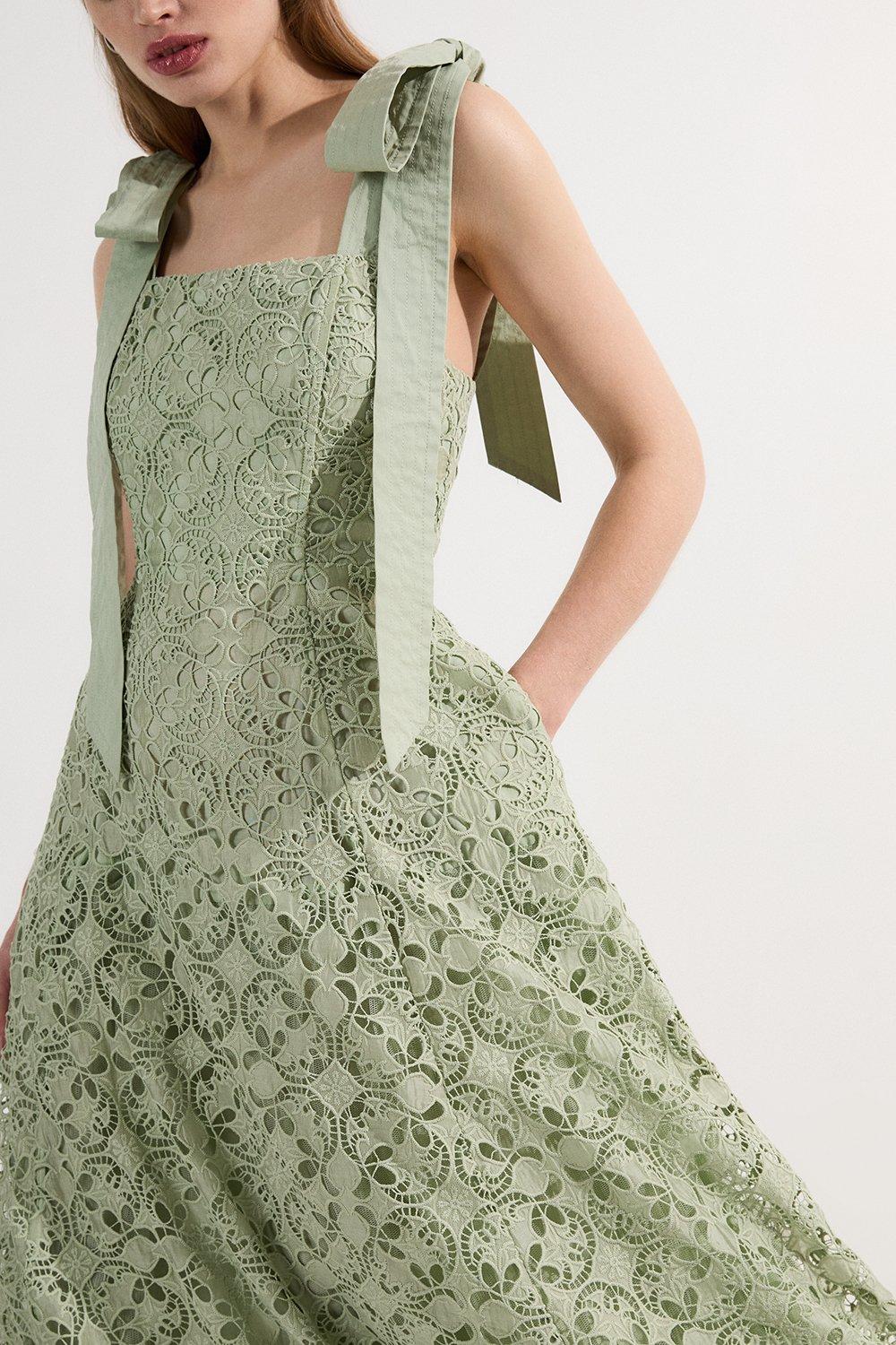 Cutwork Embroidery Woven Midi Prom Dress - Sage