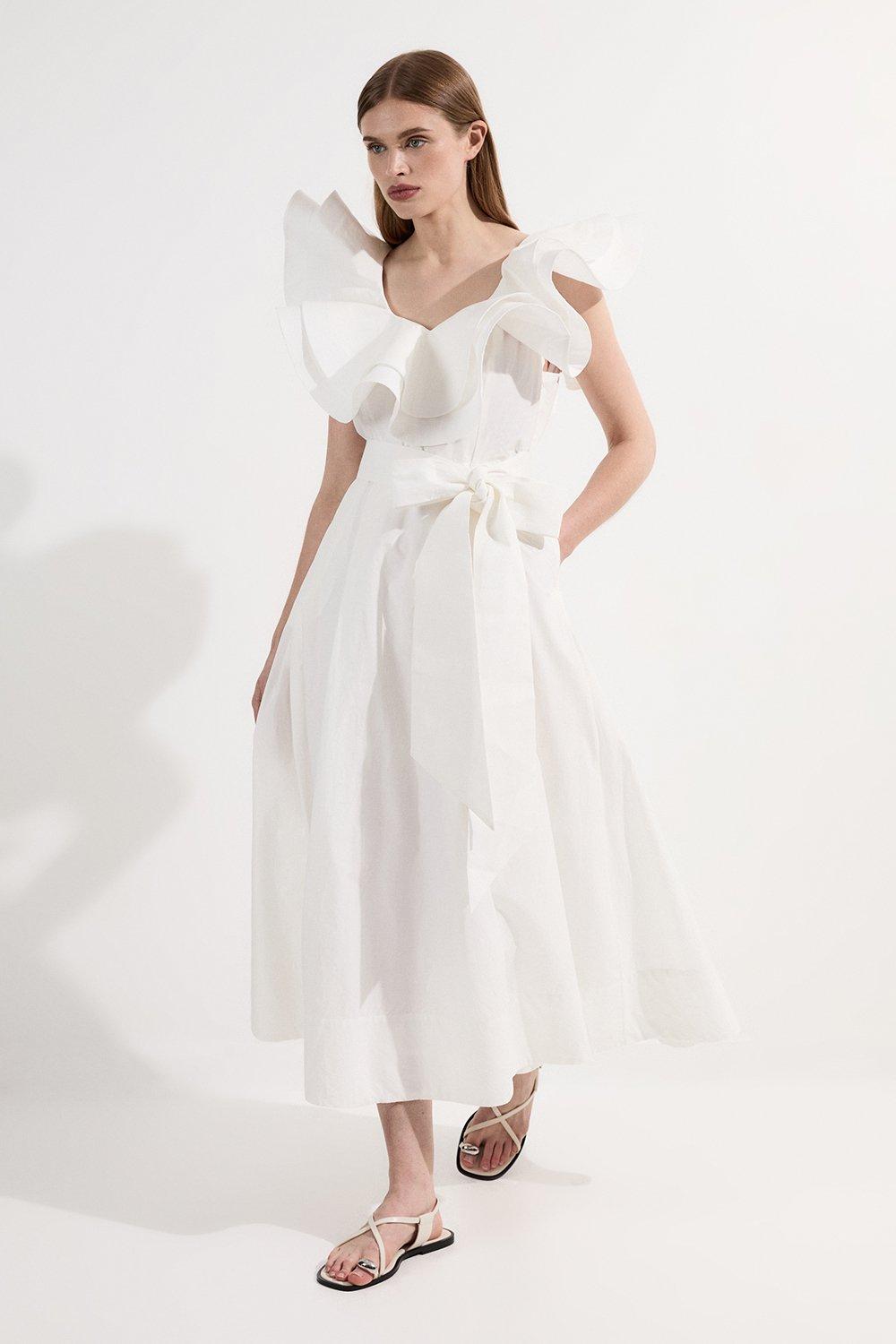 Cotton Poplin Structured Ruffle Tie Belt Woven Midi Dress - Ivory