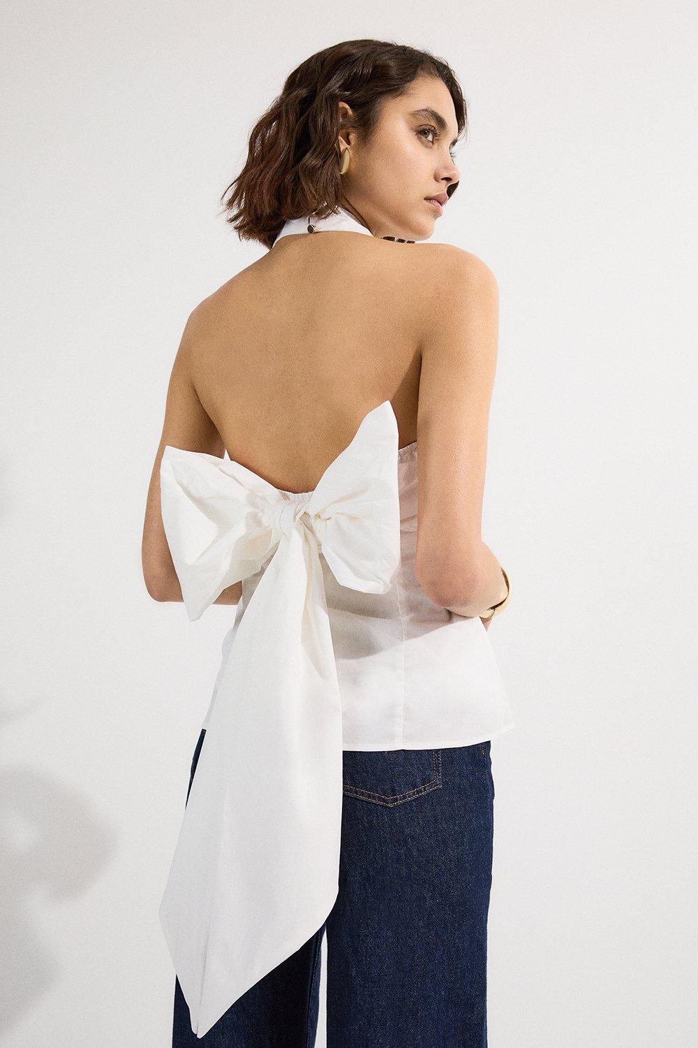 Cotton Poplin Cross Front Halter Neck Blouse With Bow Detail - Ivory