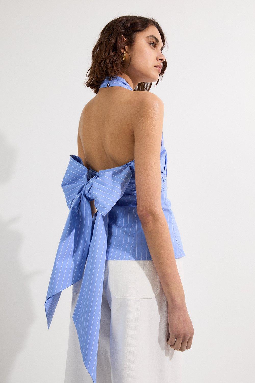Striped Cotton Poplin Cross Front Halter Neck Blouse With Bow Detail - Stripe