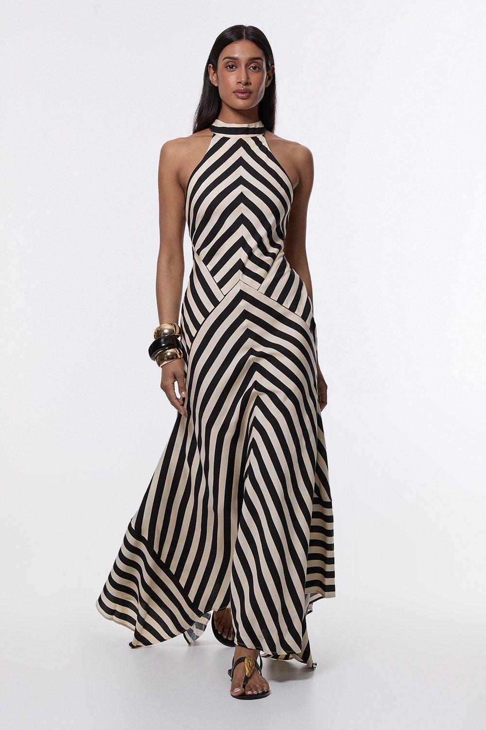 Tall Fluid Stripe Cotton Mix Woven Maxi Halter Dress - Mono