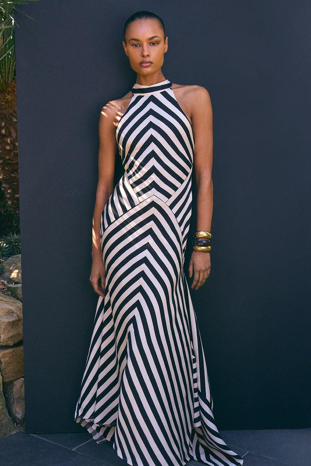 Mono Fluid Stripe Cotton Mix Woven Maxi Halter Dress - Mono