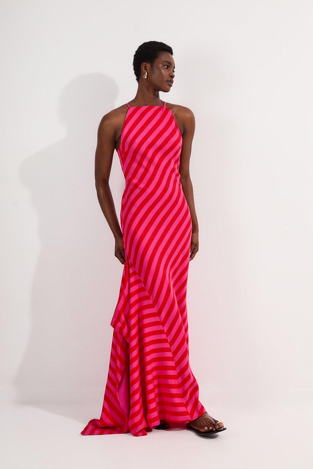 Petite Fluid Stripe Cotton Mix Woven Midi Halter Dress - Pink