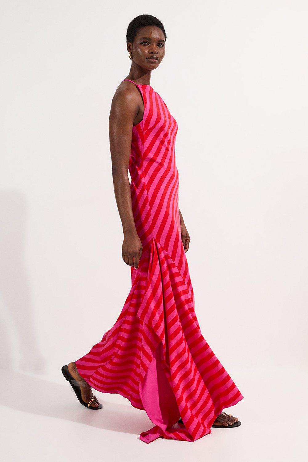 Fluid Stripe Cotton Mix Woven Midi Halter Dress - Pink