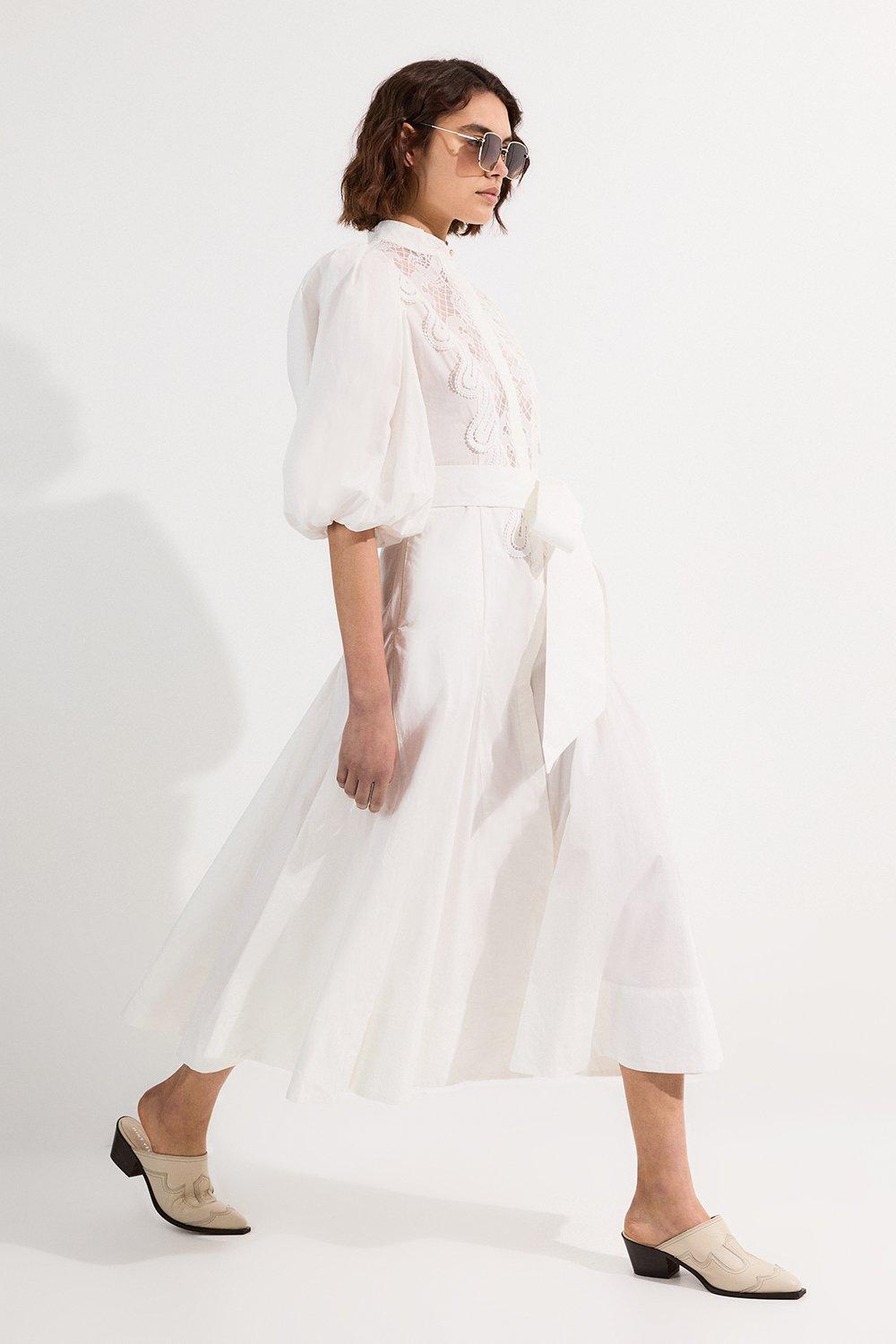 Poplin Cutwork Ruffle Trim Balloon Sleeve Woven Shirt Dress - White