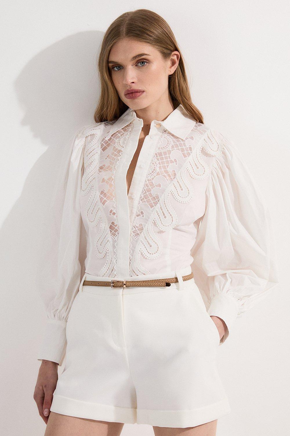 Poplin Cutwork Ruffle Trim Balloon Sleeve Woven Shirt - White