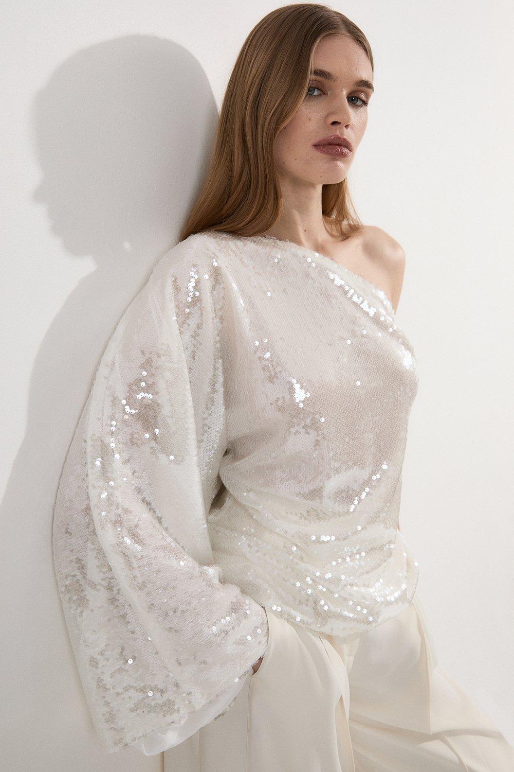 Liquid Shine One Shoulder Woven Sequin Blouse - White