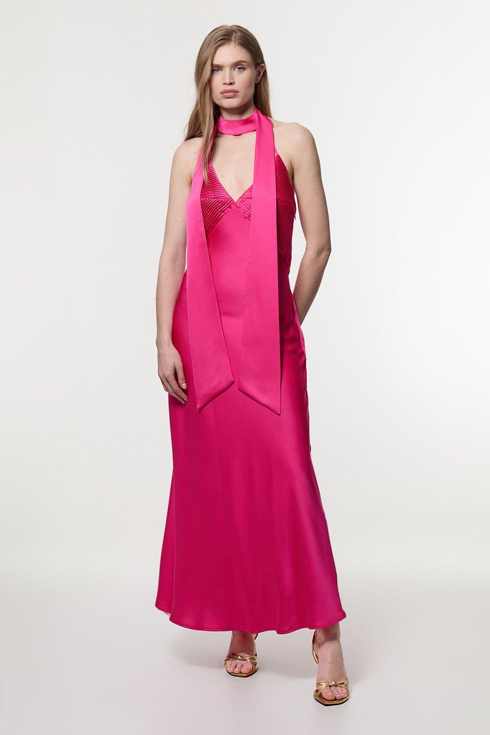 Satin Halter Pleated Woven Maxi Dress - Pink
