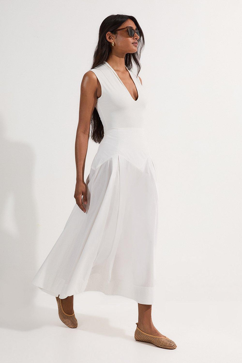 Cotton Woven Prom Skirt With Dropped Waist Detail - White