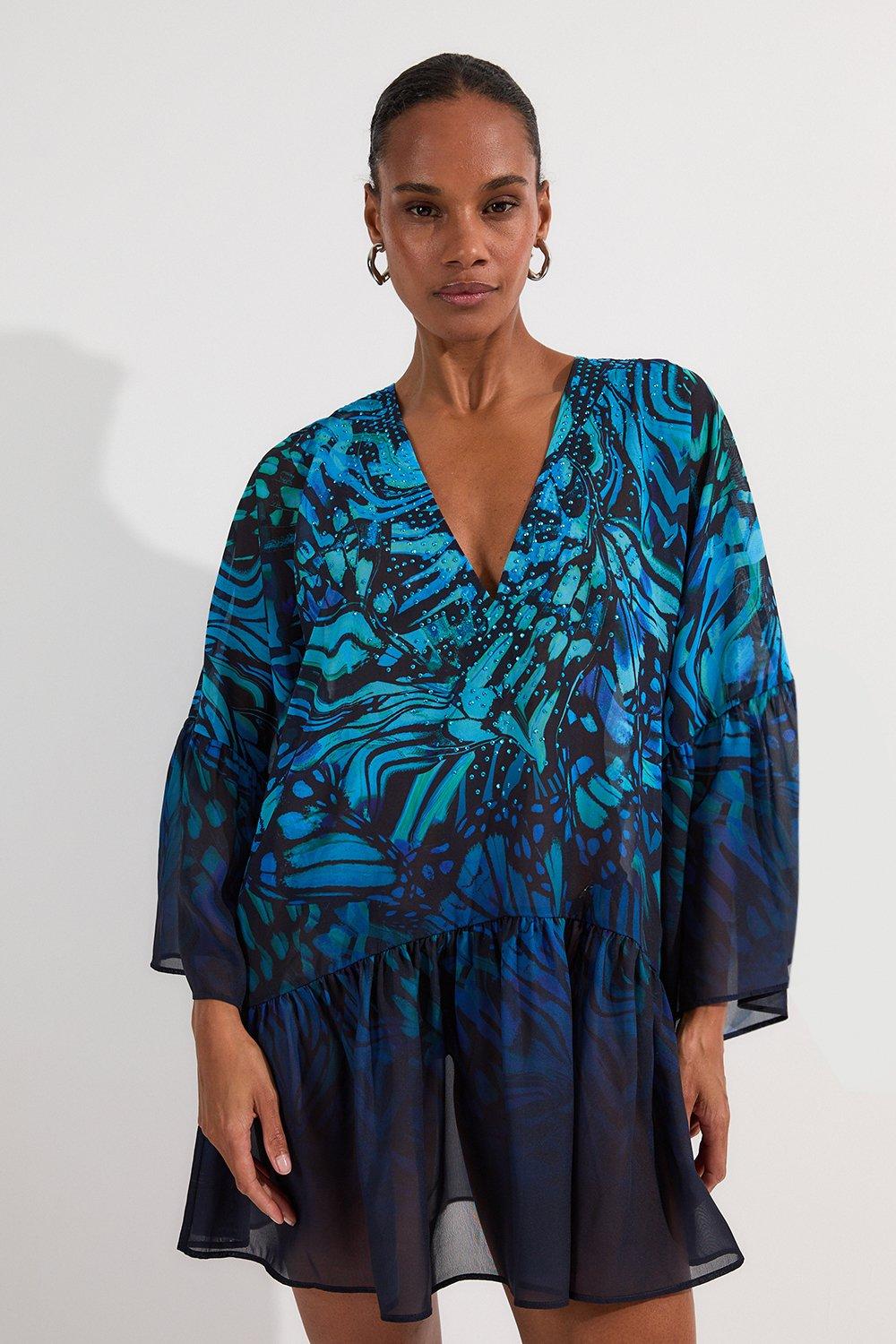 Ombre Butterfly Georgette Kimono Beach Mini Dress - Turquoise
