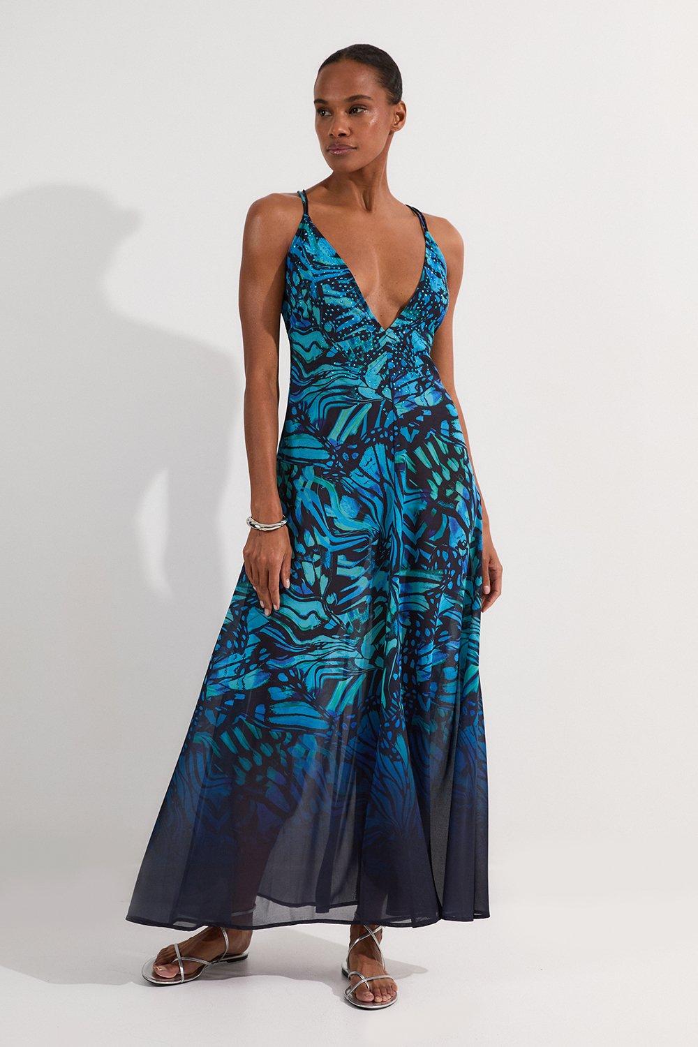Ombre Butterfly Strappy Georgette Beach Maxi Dress - Turquoise
