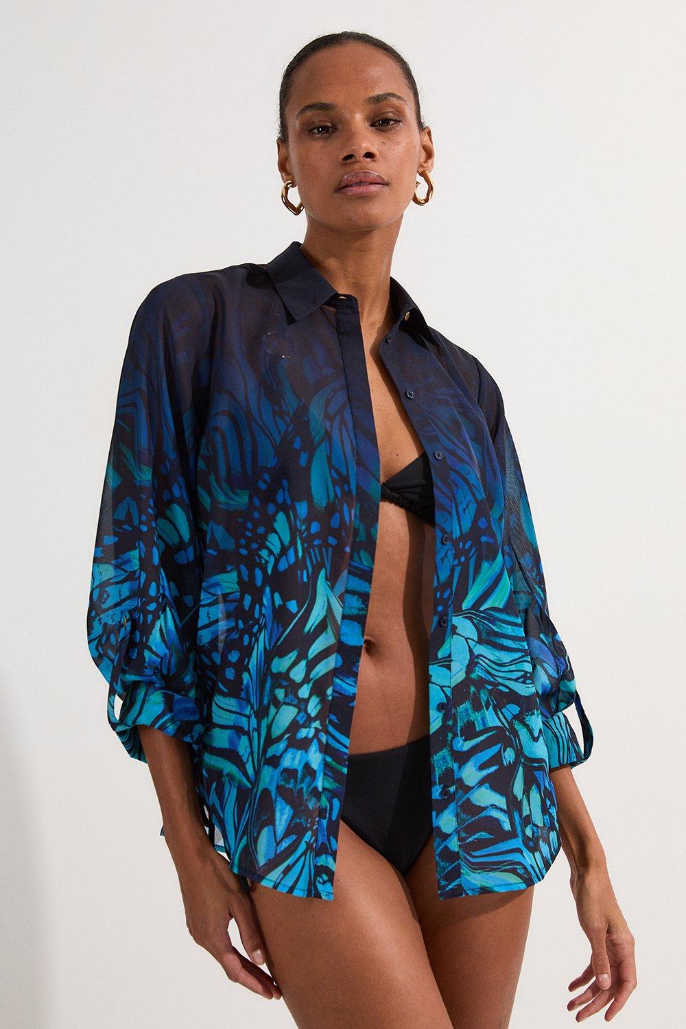 Ombre Butterfly Georgette Beach Shirt - Turquoise