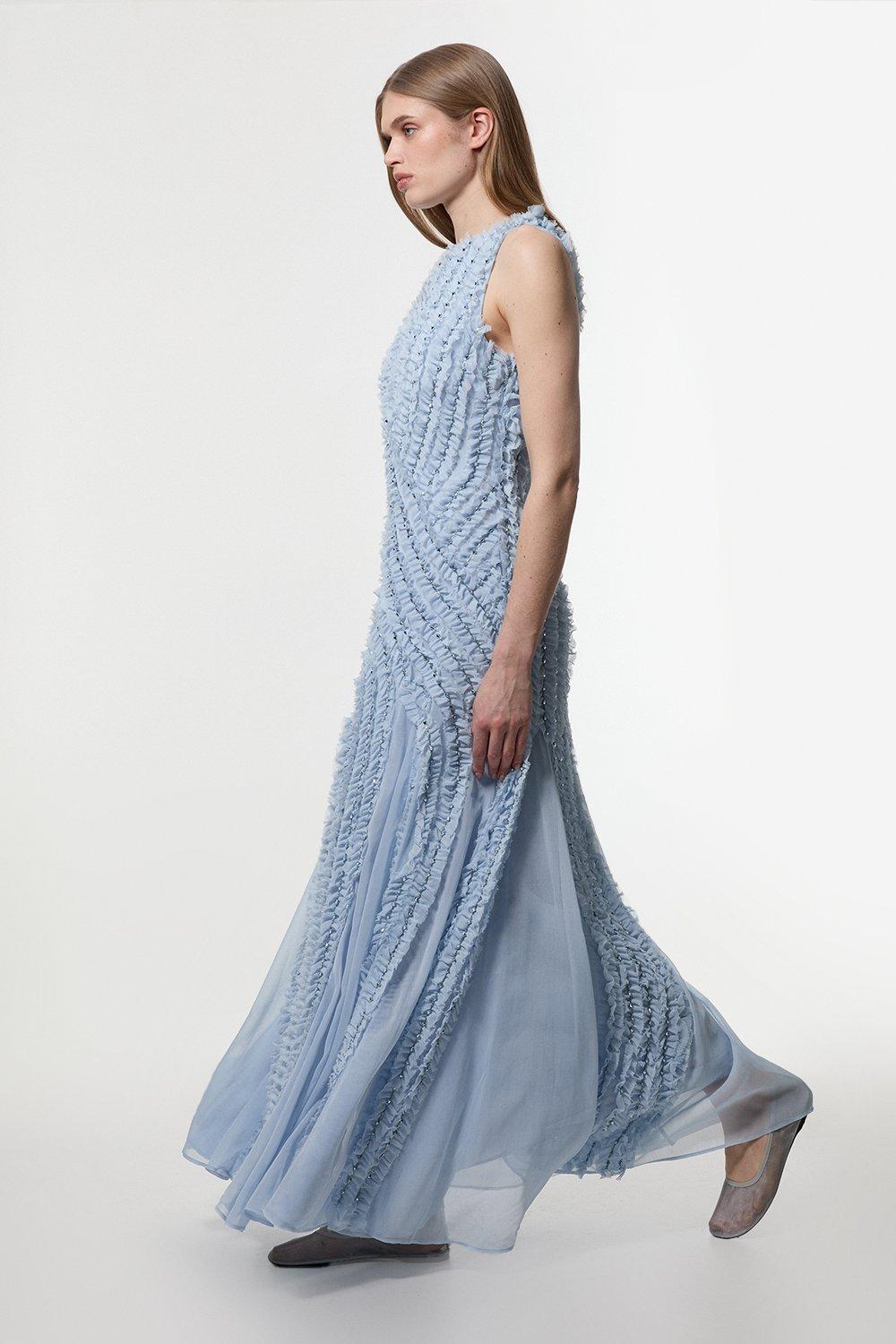 Embellished Ruffle Keyhole Cutout Woven Maxi Dress - Pale Blue