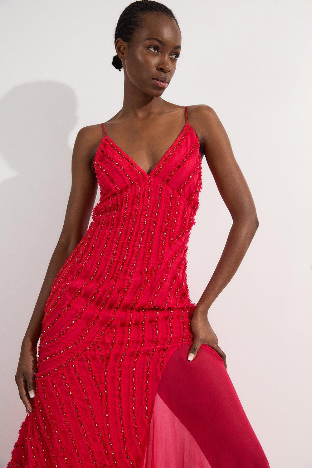 Embellished Ruffle Strappy Woven Maxi Dress - Pink