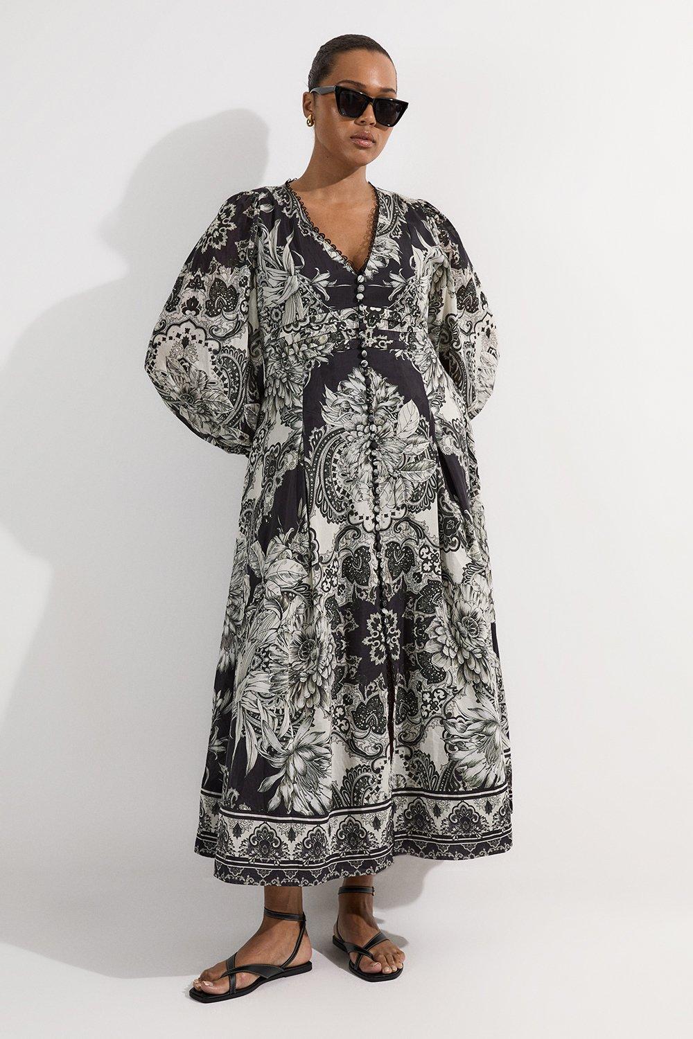 Plus Size Tile Silk Cotton Plunge Woven Maxi Dress - Mono
