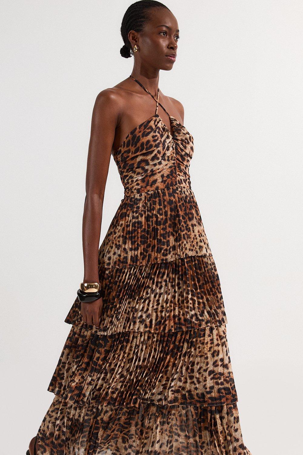 Animal Georgette Crinkle Tiered Halterneck Midi Dress - Animal