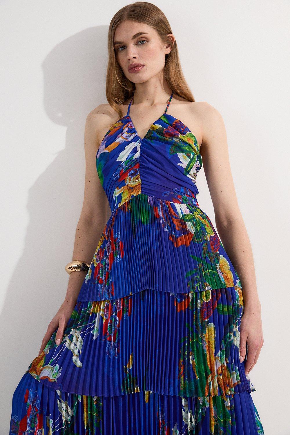 Tall Tropical Georgette Crinkle Tiered Halterneck Midi Dress - Blue