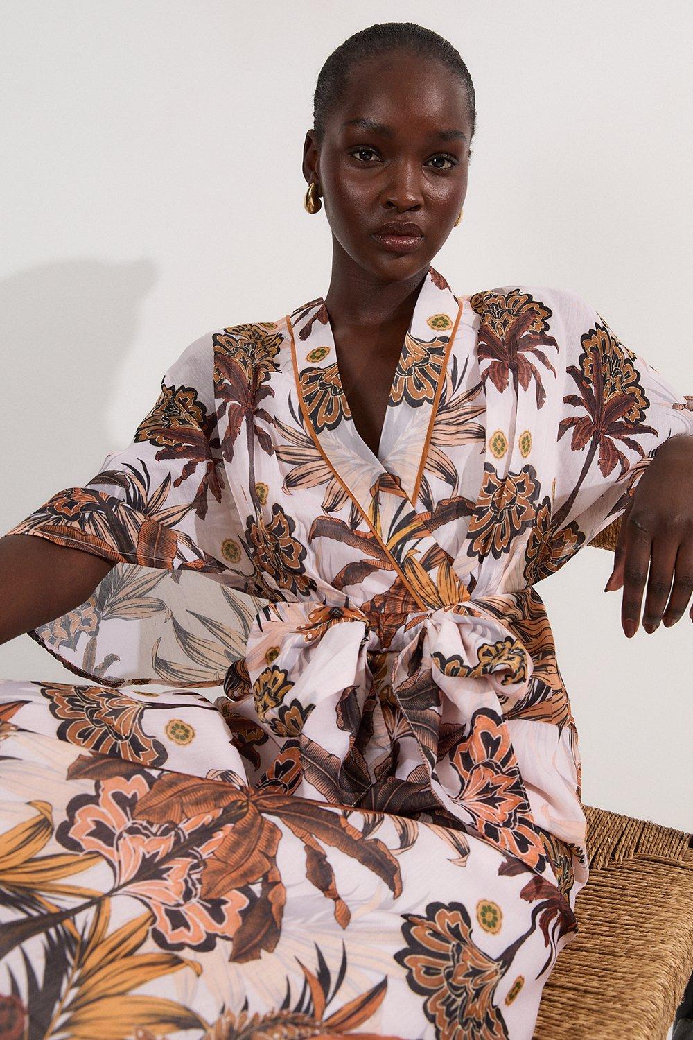 Abstract Print Cotton Kimono Sleeve Woven Maxi Dress