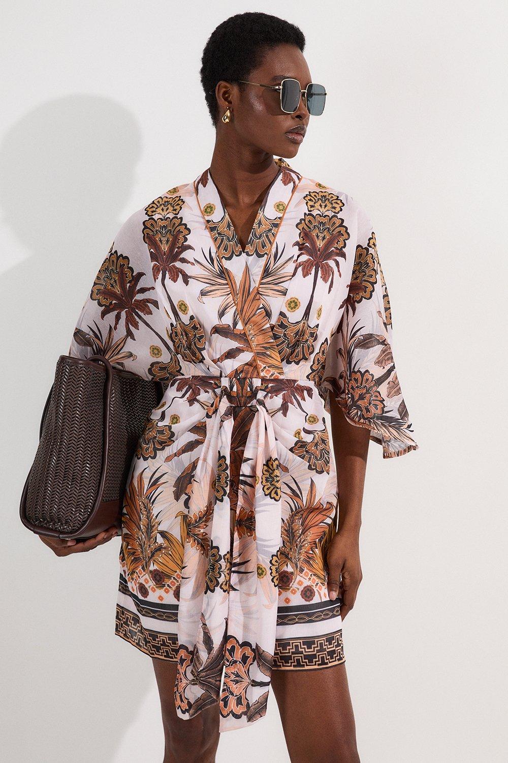 Petite Abstract Print Cotton Kimono Sleeve Woven Mini Dress