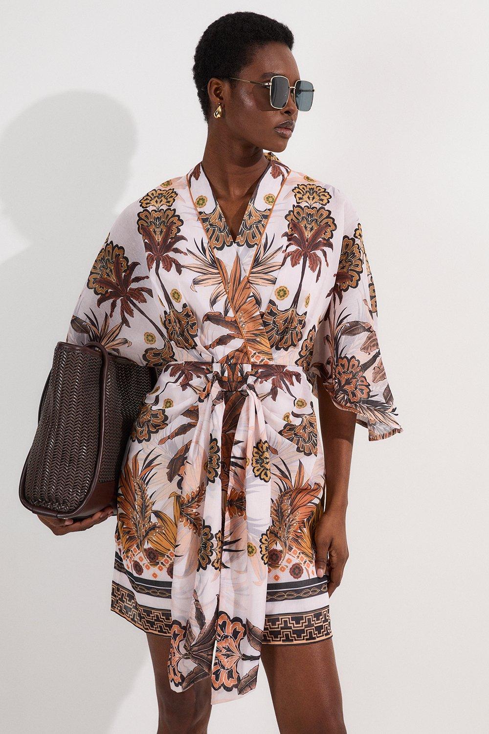 Abstract Print Cotton Kimono Sleeve Woven Mini Dress