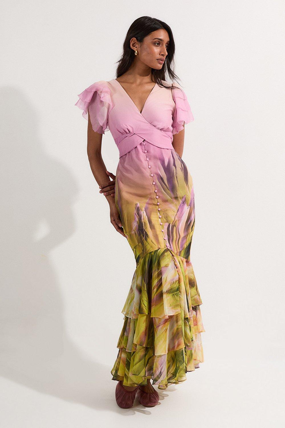Ombre Floral Ruffle Sleeve Button Through Maxi Dress - Lilac