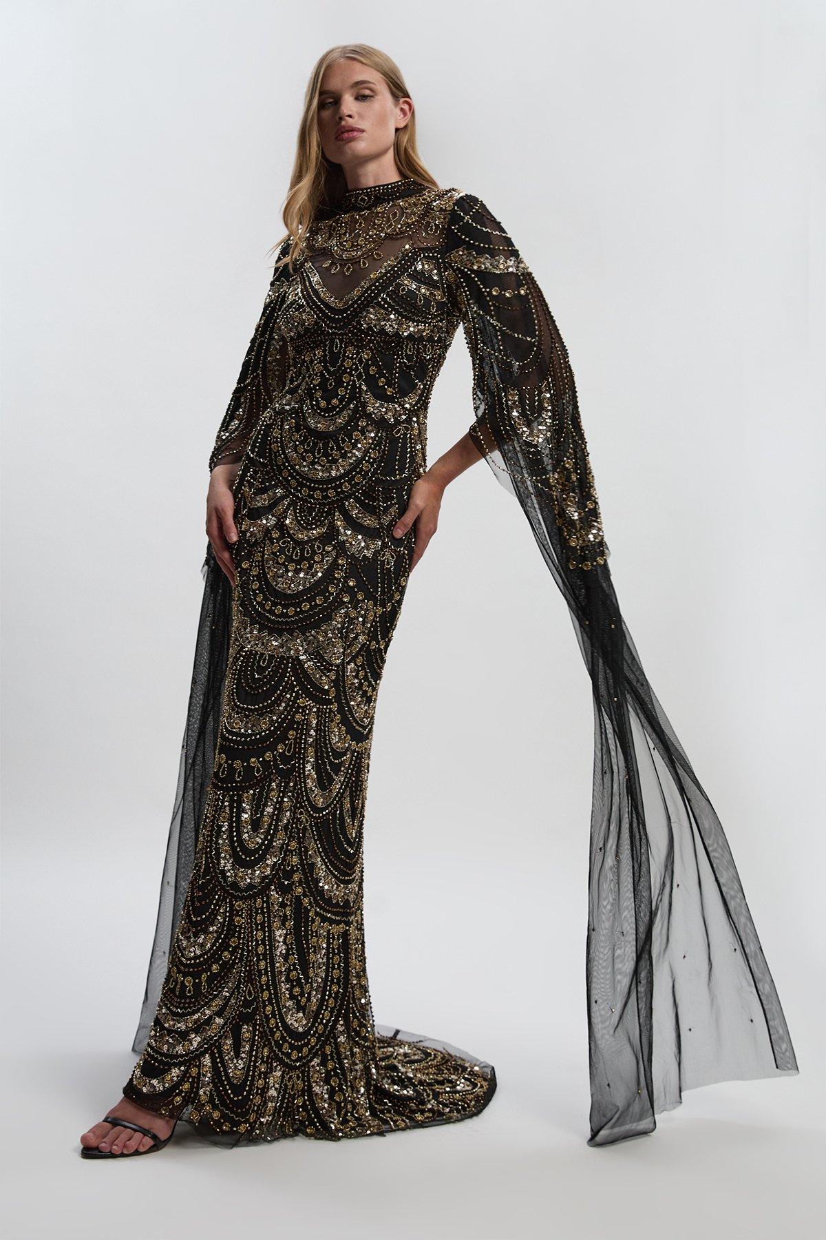 Premium Beaded Embellished Woven Midaxi Cape Dress - Black