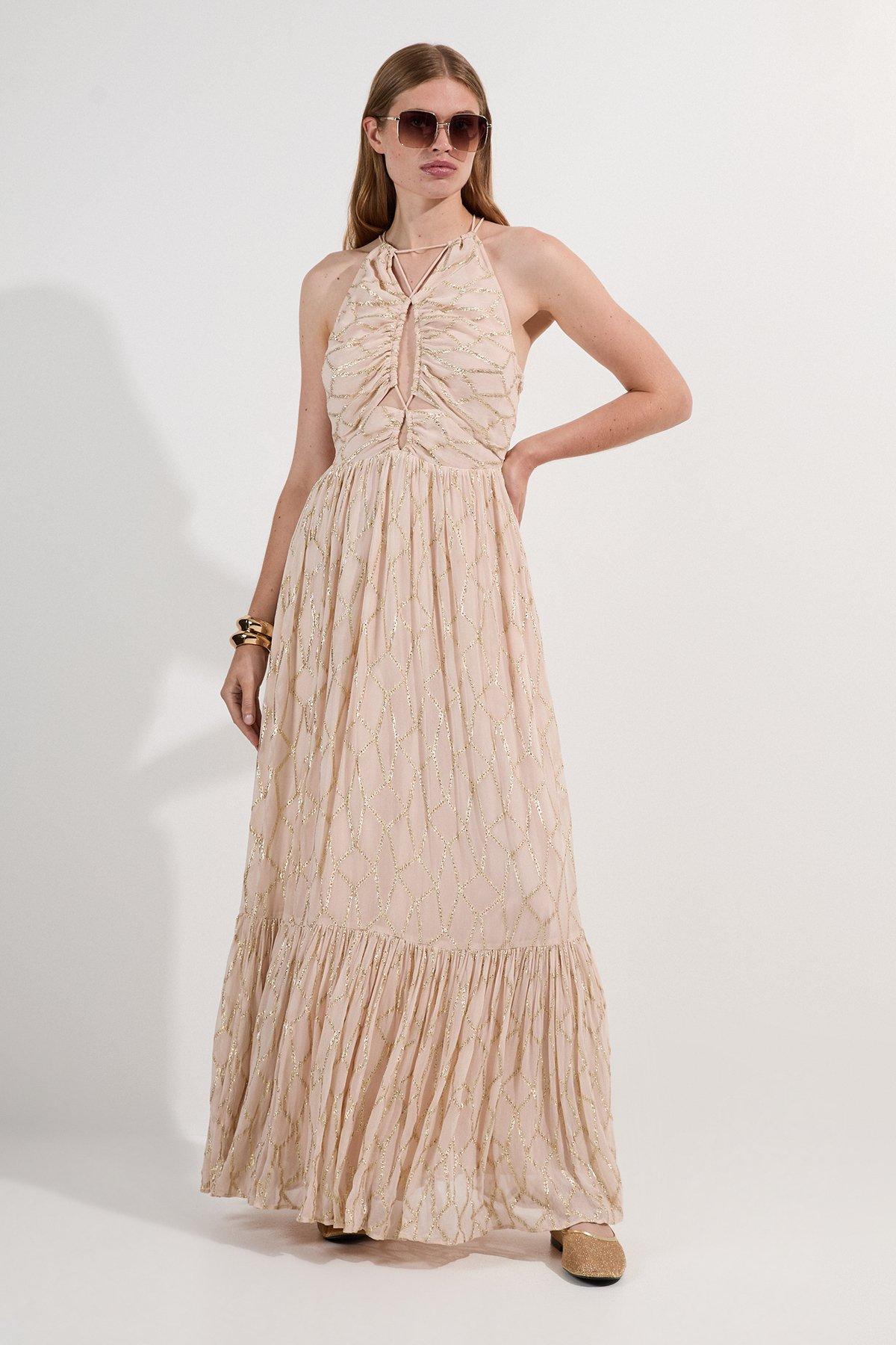 Viscose Metallic Georgette Halter Woven Maxi Dress - Nude
