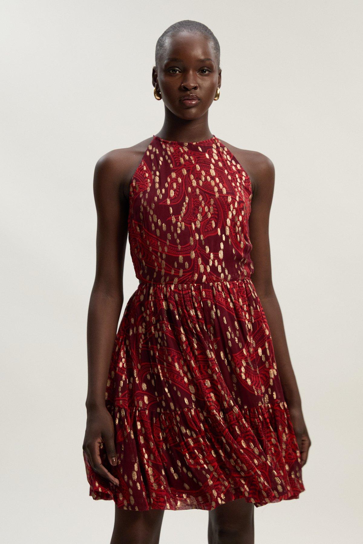 Printed Metallic Viscose Georgette Thread Halter Woven Mini Dress - Red
