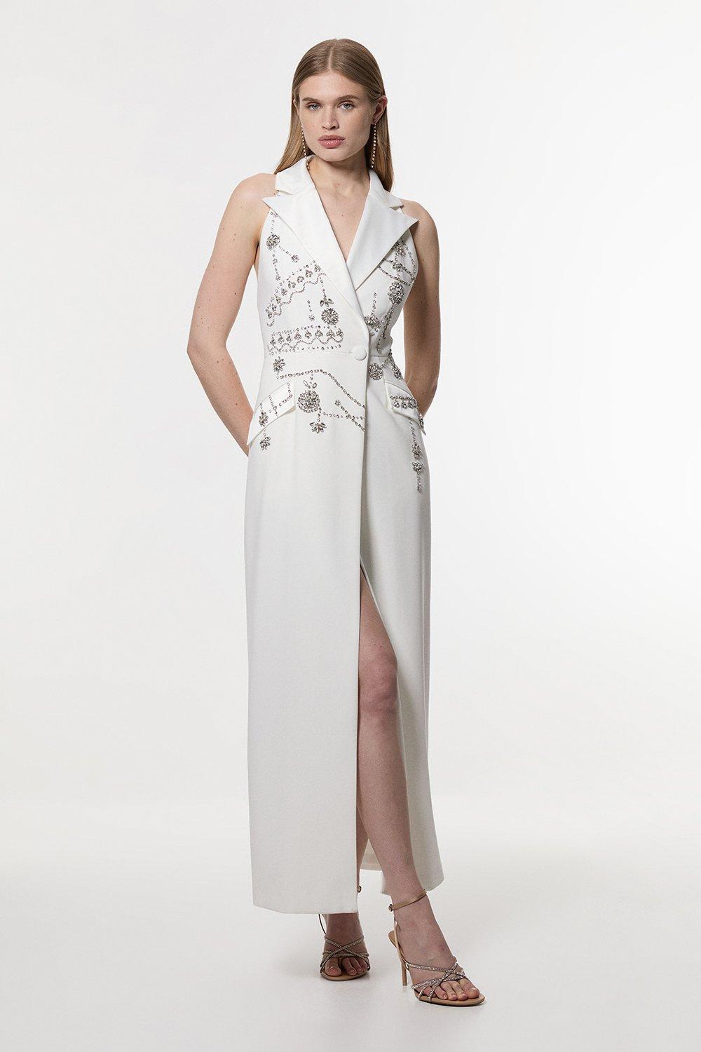 Petite Crystal Embellished Cady Sleeveless Blazer - Ivory