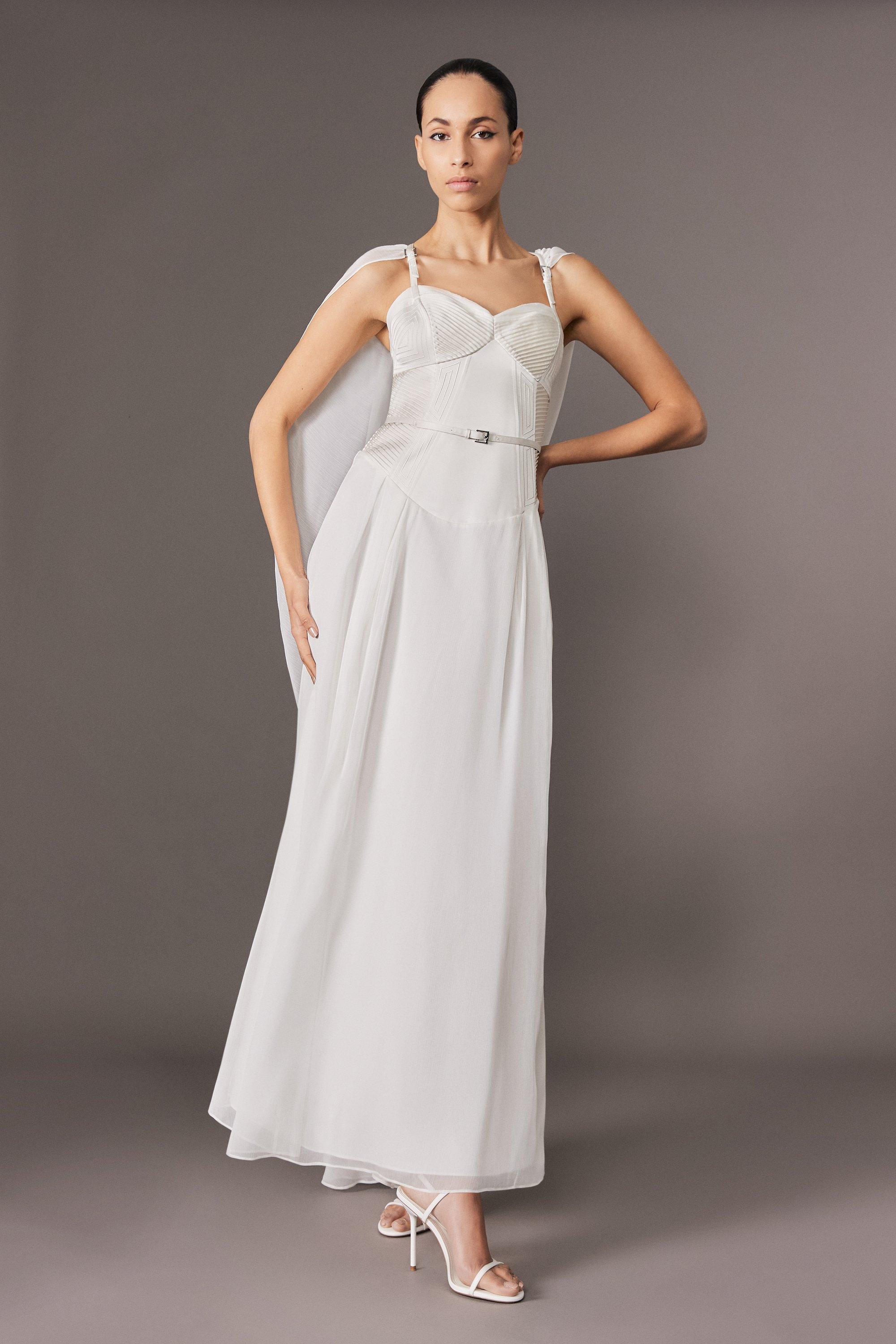 Archive Collection – Petite Corset Detail Georgette Cape Woven Maxi Dress – Ivory