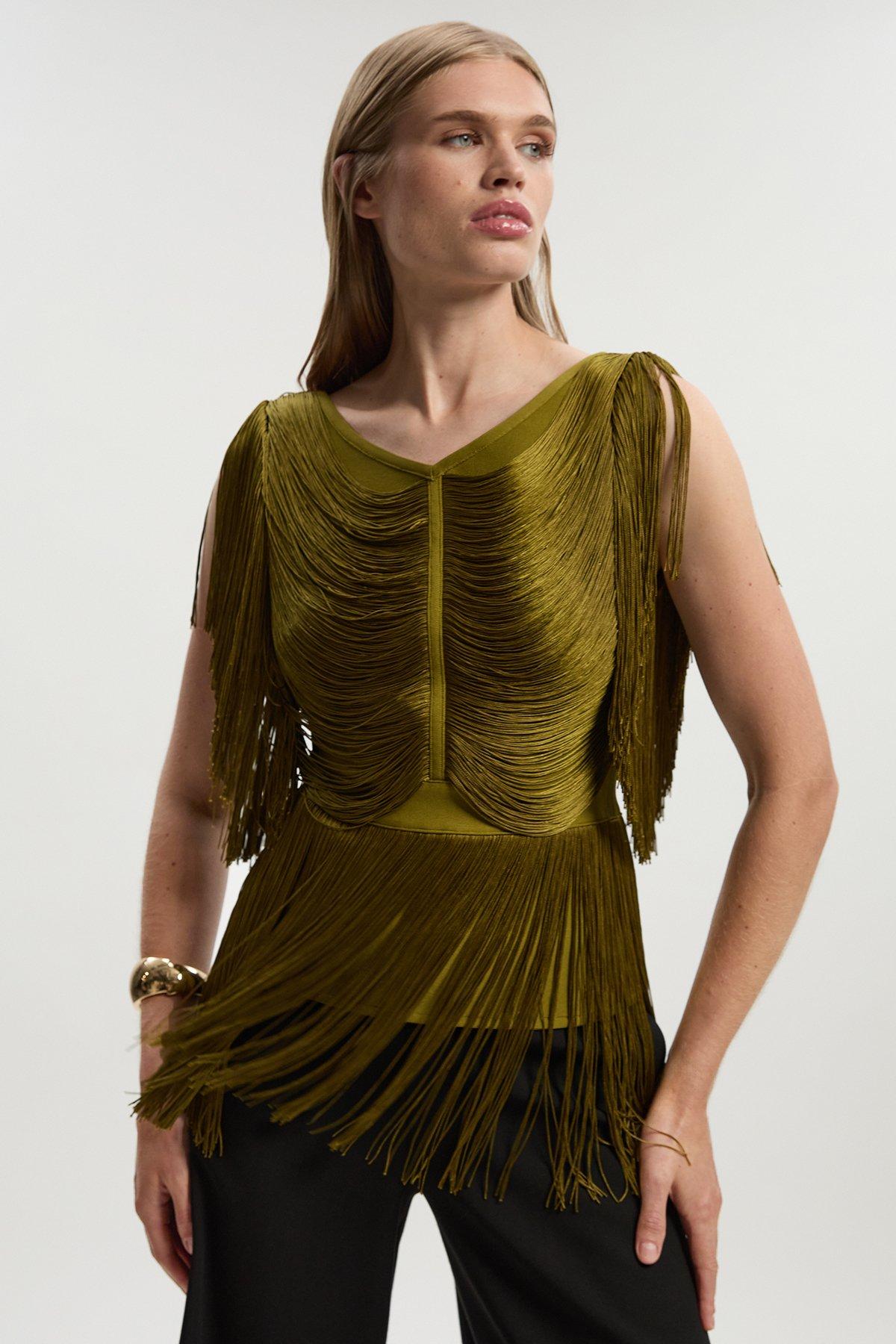 Draped Fringe Knitted Top - Olive