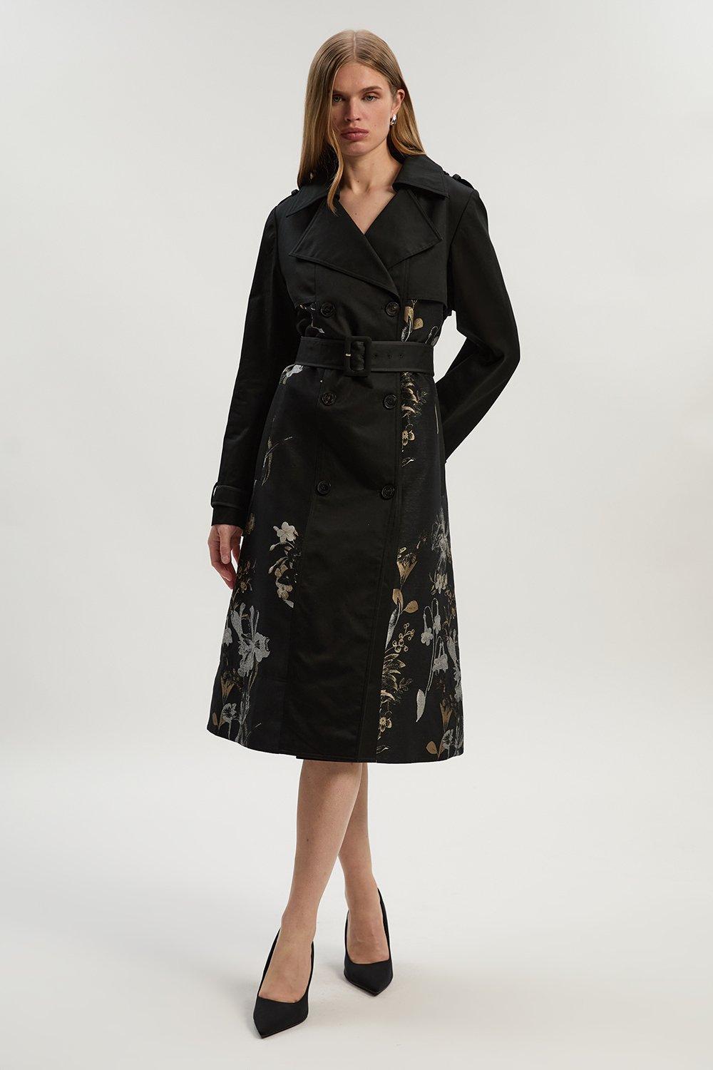 Printed Jacquard Padded Trench Mix Coat - Black