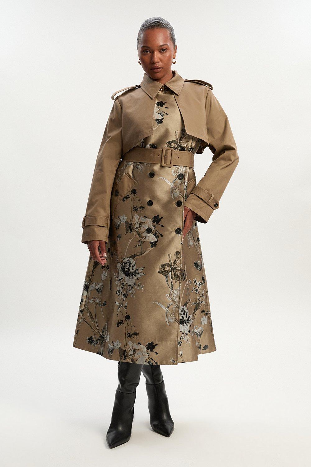 Plus Size Tailored Jacquard Mix Trench Midi Coat - Camel